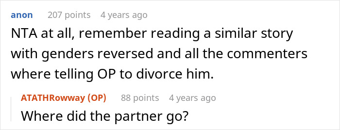 A screenshot of a Reddit comment supporting the husband whose wife hides money, suggesting similar reversed stories where divorce was advised. A screenshot of a Reddit comment supporting the husband whose wife hides money, suggesting similar reversed stories where divorce was advised.