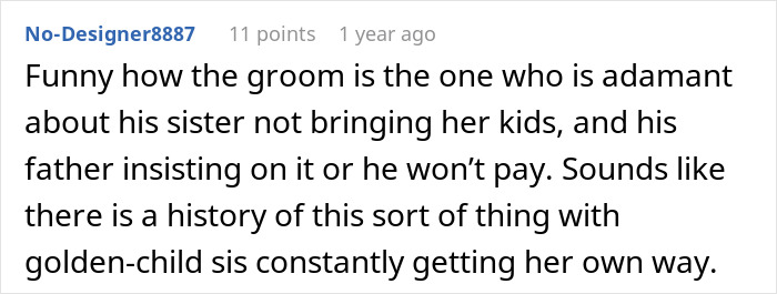 A Reddit comment about in-laws demanding special exceptions for child-free celebration and resorting to threats.