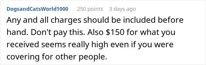 A comment stating that charges should be included beforehand and not to pay the $150 for the bridal shower.