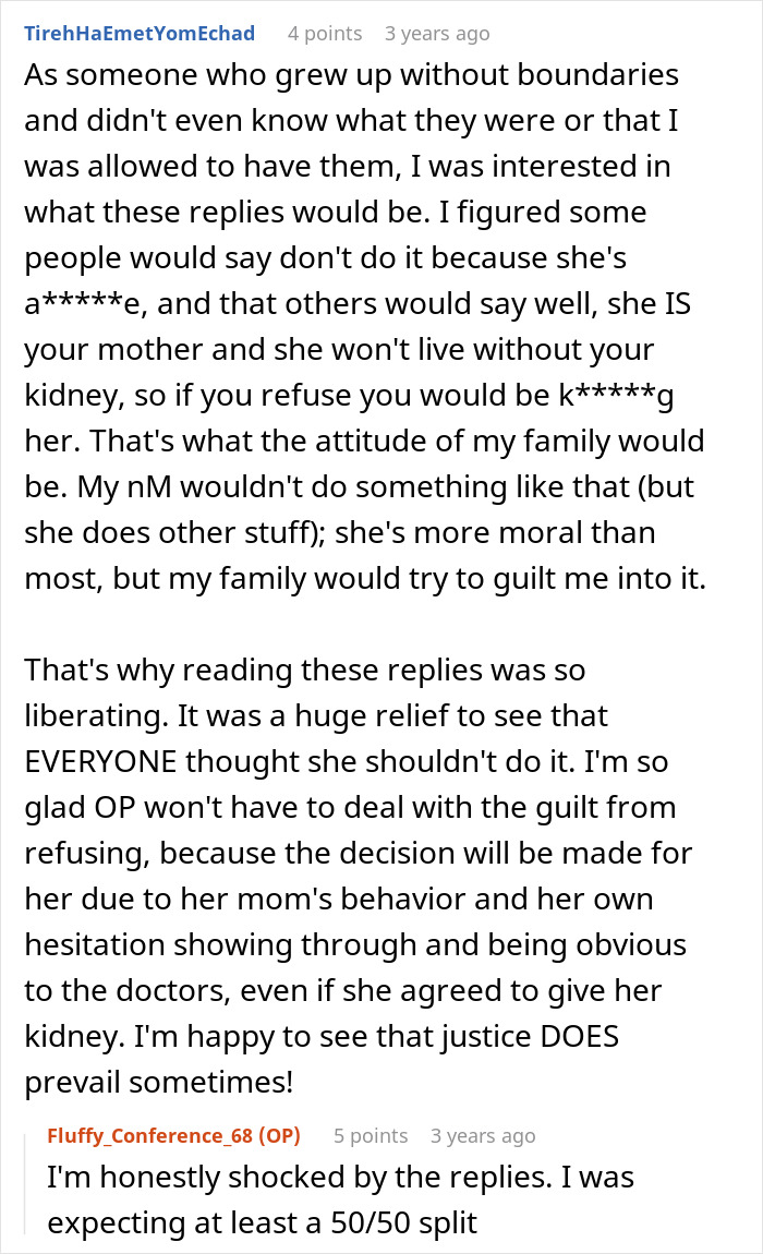 A Reddit comment expressing relief that a daughter won't be guilted into donating a kidney to her toxic mom.