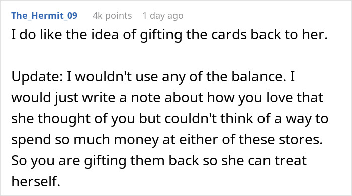 A comment suggesting regifting used gift cards back to the cousin to cause wedding drama.