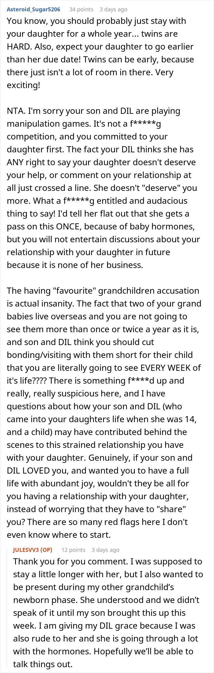 Reddit comment discussing family dynamics and a daughter with twin newborns abroad Reddit comment discussing family dynamics and a daughter with twin newborns abroad