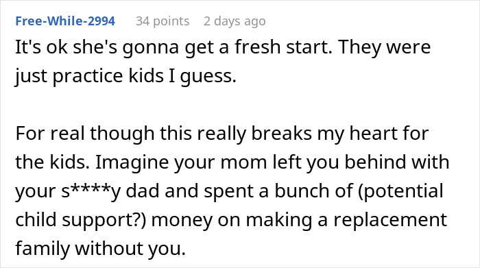 A Reddit comment discussing the outrage of a mother leaving children for IVF with a new husband. A Reddit comment discussing the outrage of a mother leaving children for IVF with a new husband.