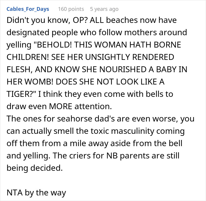 A comment about unsolicited bikini advice and body-shaming, humorously describing designated beach people. A comment about unsolicited bikini advice and body-shaming, humorously describing designated beach people.