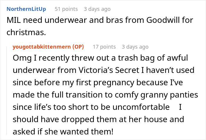 Comment about MIL needing underwear and bras from Goodwill for Christmas