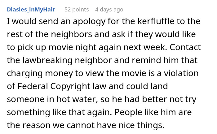 Social media comment explaining how charging for a movie night side hustle violates copyright law. Social media comment explaining how charging for a movie night side hustle violates copyright law.