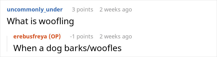 A user asks for the definition of woofling, related to the topic of the husband refusing to listen. A user asks for the definition of woofling, related to the topic of the husband refusing to listen.
