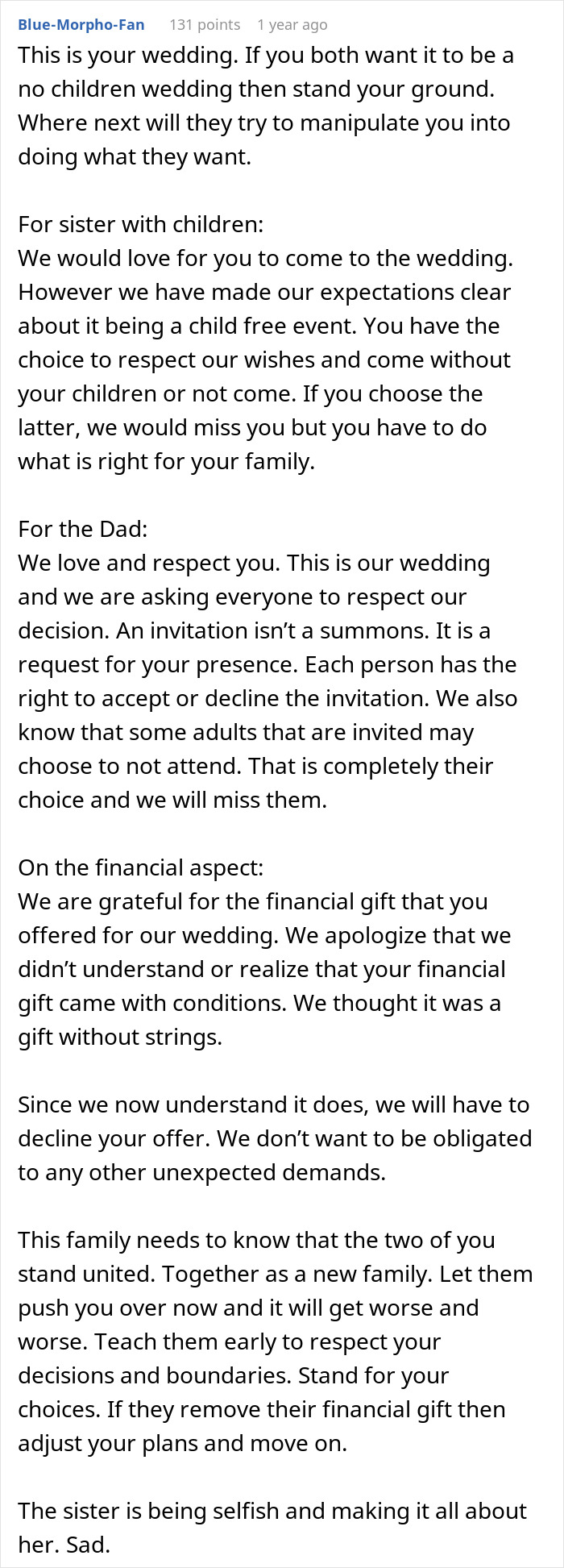 Blue-Morpho-Fan offers extensive advice regarding in-laws demands for a child-free celebration, involving threats.