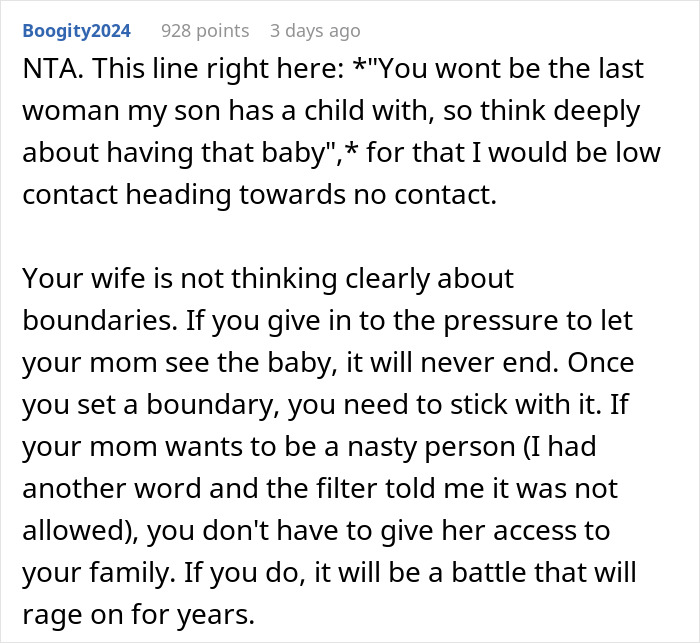 Warning about low-contact due to mother disregarding boundaries for baby introduction Warning about low-contact due to mother disregarding boundaries for baby introduction