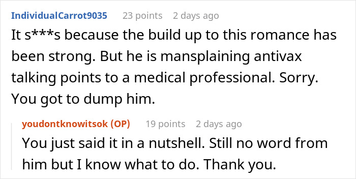 A comment about a man trying to argue against vaccines with his nurse girlfriend, suggesting she dump him. A comment about a man trying to argue against vaccines with his nurse girlfriend, suggesting she dump him.