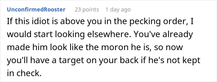 A Reddit comment advising looking elsewhere if an idiotic boss targets an employee regarding their HR-approved home office. A Reddit comment advising looking elsewhere if an idiotic boss targets an employee regarding their HR-approved home office.