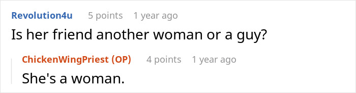 A Reddit user asks if the woman's friend is a woman or a guy, with another user confirming she's a woman, relating to her boyfriend leaving. A Reddit user asks if the woman's friend is a woman or a guy, with another user confirming she's a woman, relating to her boyfriend leaving.
