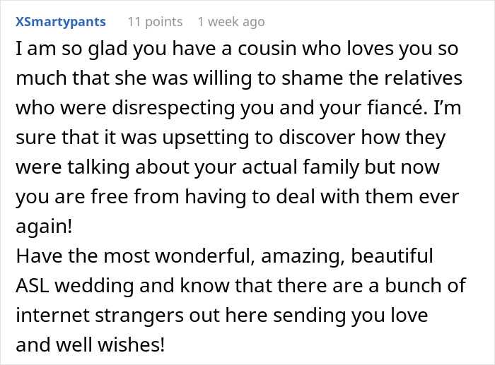 Supportive comment about deaf bride's ASL wedding and family challenges Supportive comment about deaf bride's ASL wedding and family challenges