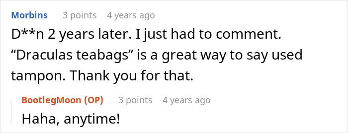 A user comments on a teen's petty revenge story, highlighting the phrase 'Draculas teabags' for a used tampon. A user comments on a teen's petty revenge story, highlighting the phrase 'Draculas teabags' for a used tampon.
