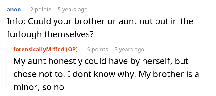 A screenshot of a comment from anon asking, Could your brother or aunt not put in the furlough themselves for prison break? A screenshot of a comment from anon asking, Could your brother or aunt not put in the furlough themselves for prison break?