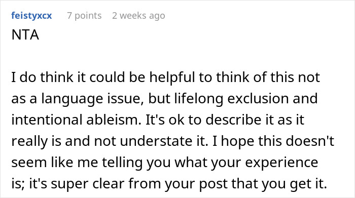 Comment discussing exclusion and ableism in wedding language choices Comment discussing exclusion and ableism in wedding language choices