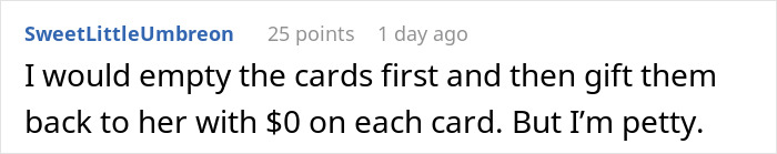 A comment stating the user would empty the wedding gift cards and regift them, reflecting on the wedding drama.