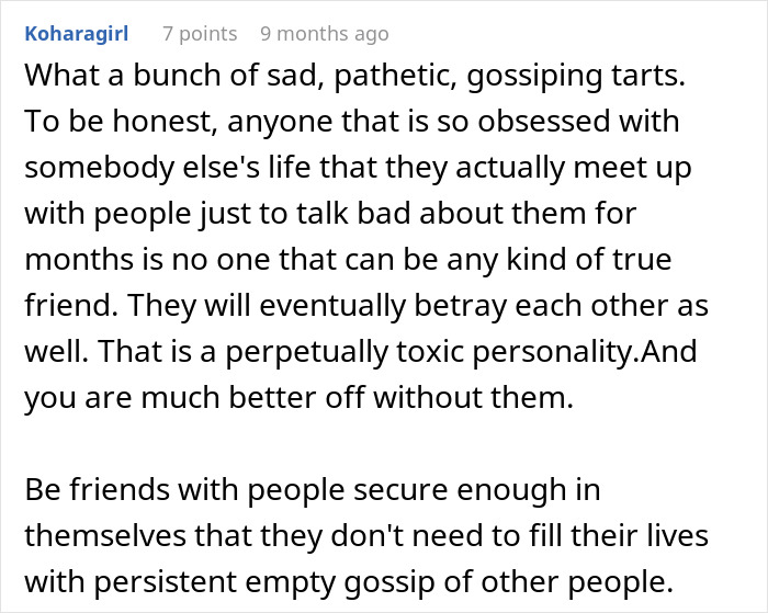 A screenshot of a Reddit comment discussing toxic friends and offering advice for a woman after a relationship nightmare. A screenshot of a Reddit comment discussing toxic friends and offering advice for a woman after a relationship nightmare.