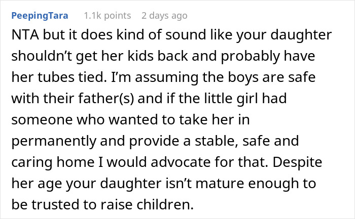 A Reddit comment expressing concerns about the daughter's maturity to raise children given her toxic boyfriend choice. A Reddit comment expressing concerns about the daughter's maturity to raise children given her toxic boyfriend choice.