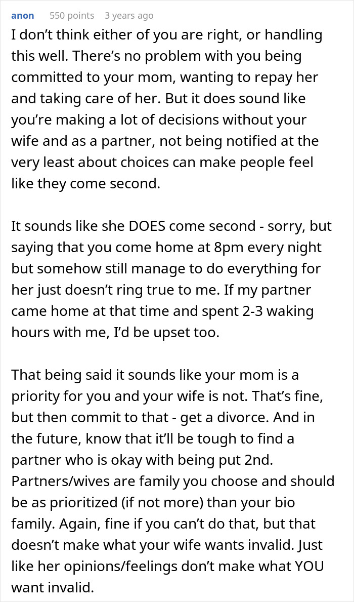 Comment on prioritizing mom over wife and relationship consequences