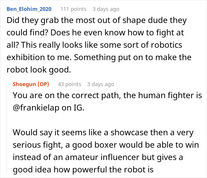 Comment questioning human fighter skill in robot cage fight