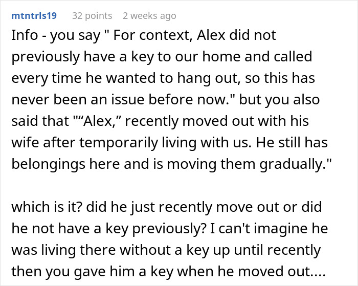 A Reddit comment scrutinizes a wife's conflicting statements about her husband's son having a key. A Reddit comment scrutinizes a wife's conflicting statements about her husband's son having a key.