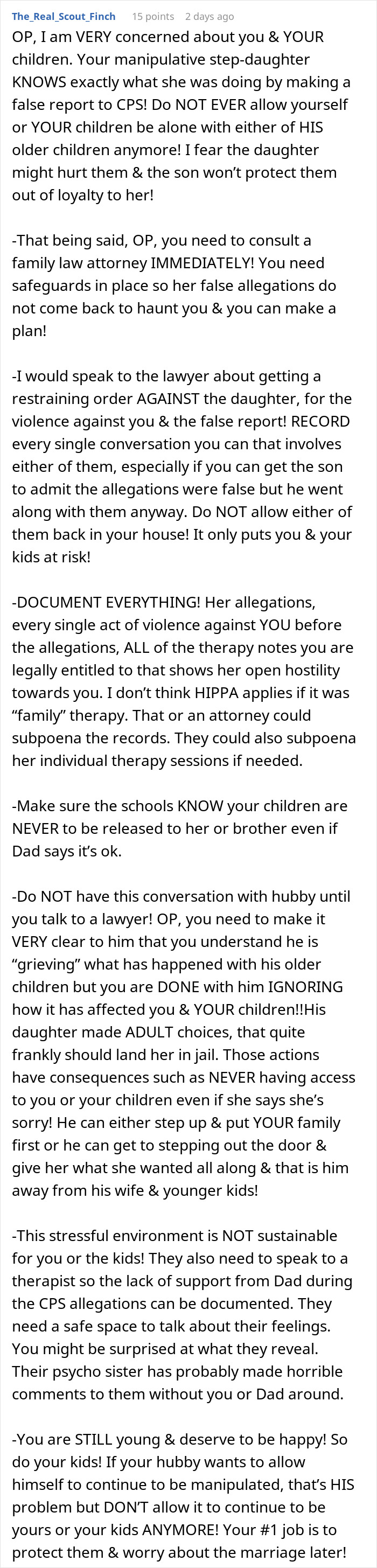 An online comment offering legal advice on coping with false CPS allegations from a stepdaughter.