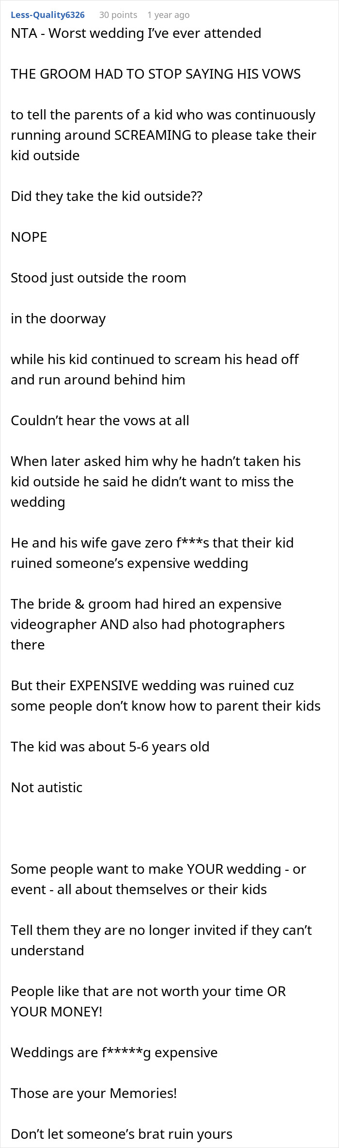A comment detailing a wedding ruined by a screaming child, supporting a child-free celebration.