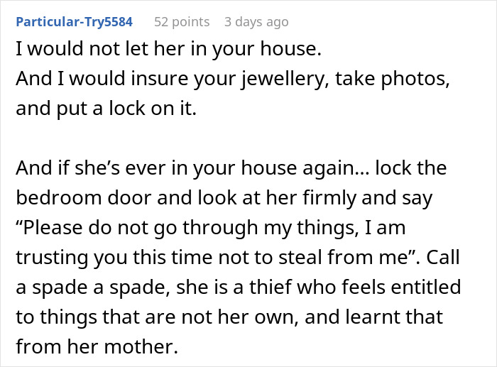 A social media comment advises against letting the sister in the house and insuring the sapphire engagement ring.
