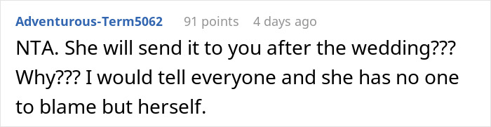 Reddit comment advising to expose the MIL who is scamming wedding guests to pay for the rehearsal dinner. Reddit comment advising to expose the MIL who is scamming wedding guests to pay for the rehearsal dinner.