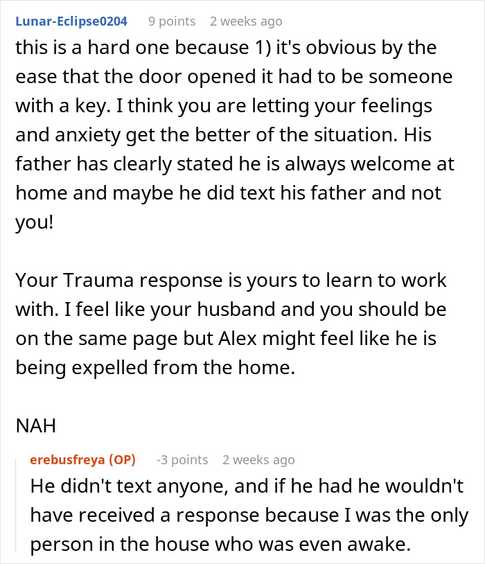 A comment explaining that a husband's son might feel expelled if he can't enter, related to the husband refusing to listen to his wife. A comment explaining that a husband's son might feel expelled if he can't enter, related to the husband refusing to listen to his wife.