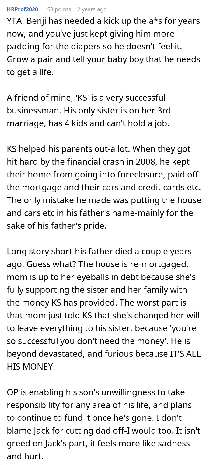 A comment describing a successful son being denied inheritance while his less successful brother receives almost all of it. A comment describing a successful son being denied inheritance while his less successful brother receives almost all of it.