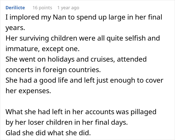 Online comment discussing a millennial daughter and inheritance issues regarding family spending. Online comment discussing a millennial daughter and inheritance issues regarding family spending.