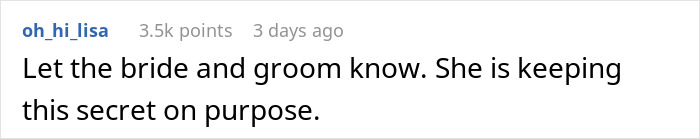 A comment suggesting to inform the bride and groom about the MOH secretly making guests pay for the bridal shower.