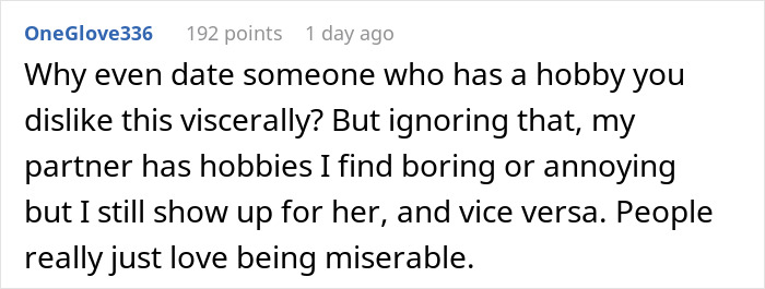 Comment questioning dislike of partner's martial arts hobby despite support Comment questioning dislike of partner's martial arts hobby despite support