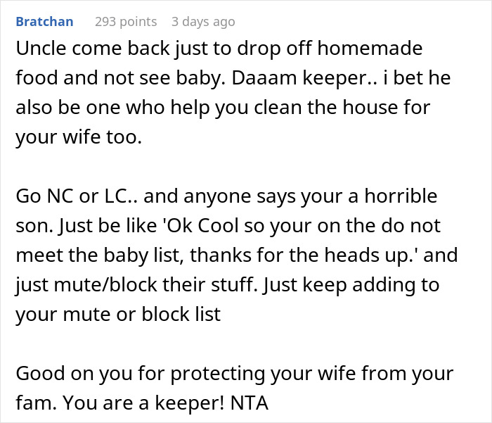 Encouragement for blocking family members to protect wife and baby from negative influence Encouragement for blocking family members to protect wife and baby from negative influence