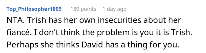 A Reddit comment suggesting the bride's insecurities are the problem, not the groom's female bestie. A Reddit comment suggesting the bride's insecurities are the problem, not the groom's female bestie.