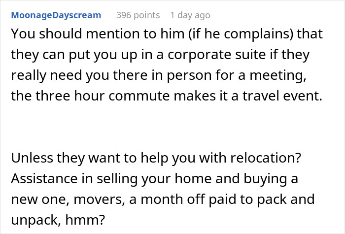 A screenshot showing an employee's approved home office and discussion about corporate suites or relocation for remote work. A screenshot showing an employee's approved home office and discussion about corporate suites or relocation for remote work.