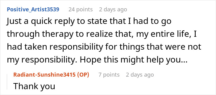 A Reddit user shares therapy experience related to taking responsibility for others' lives.