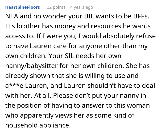 A Reddit comment advising to refuse the sister-in-law's free childcare plans and protect the nanny on vacation. A Reddit comment advising to refuse the sister-in-law's free childcare plans and protect the nanny on vacation.