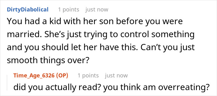 Online comment suggesting a mother-in-law was just trying to control something when she was asked to babysit. Online comment suggesting a mother-in-law was just trying to control something when she was asked to babysit.