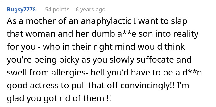 A user comment from a mother with an anaphylactic child, expressing anger at the mil who thinks shellfish allergy is fake. A user comment from a mother with an anaphylactic child, expressing anger at the mil who thinks shellfish allergy is fake.