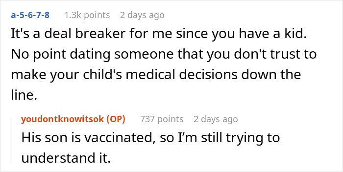 A Reddit thread discussing the decision to argue against vaccines and how it impacts dating and child safety. A Reddit thread discussing the decision to argue against vaccines and how it impacts dating and child safety.