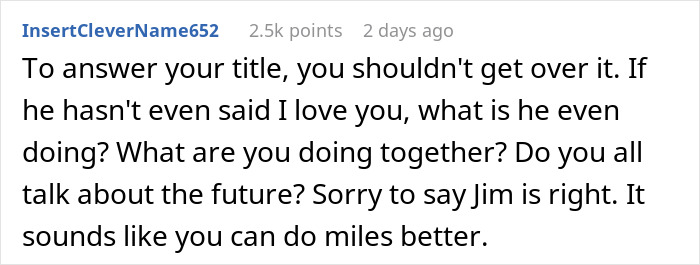 A screenshot of a comment suggesting a GF shouldn&rsquo;t get over a guy who doesn&rsquo;t say I love you and won&rsquo;t marry her.