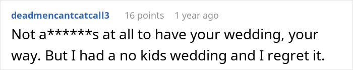 In-laws demand special exceptions for child-free celebration, resorting to threats to get what they want. Reddit comment about having a no-kids wedding.