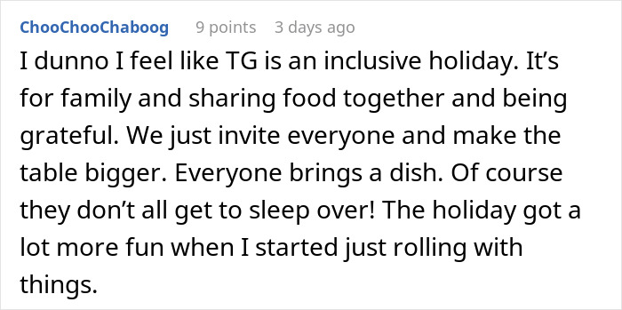Reddit comment suggesting TG is an inclusive holiday, relevant to BIL brings a different GF to family Thanksgiving Reddit comment suggesting TG is an inclusive holiday, relevant to BIL brings a different GF to family Thanksgiving