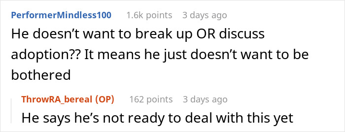 Discussion about boyfriend not ready to break up or discuss adoption Discussion about boyfriend not ready to break up or discuss adoption