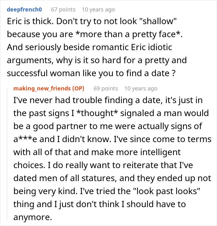 A Reddit comment from deepfrench0 calling Eric thick, and the original poster's reply about dating choices. A Reddit comment from deepfrench0 calling Eric thick, and the original poster's reply about dating choices.