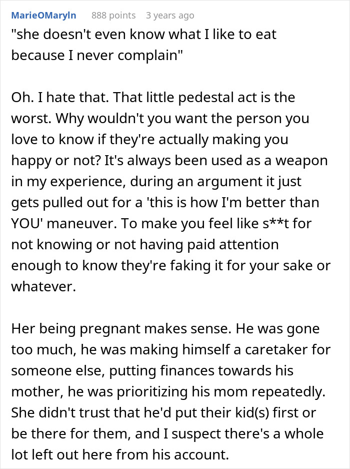 Comment discussing wife's pregnancy and husband's mom prioritization issues