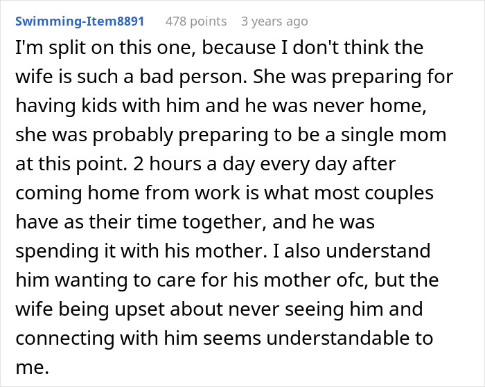 Comment discussing wife's feelings in marriage and time spent with sick mom